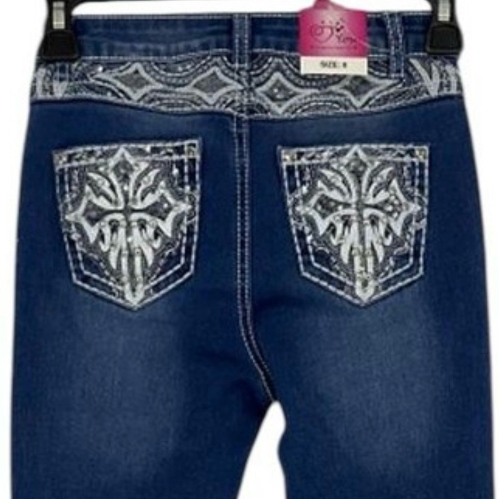 Girls sizes 4-14 Bling Kids Denim Blue Jeans white Embroidered Pockets New